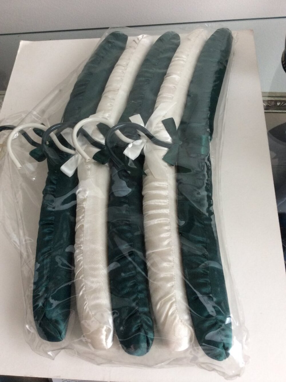 Set of Five Vintage Padded Hangers - Ivory and Green -
